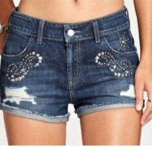 GUESS Bling Distressed Scarlet Studded Silver Blue Jean Cuffed Shorts Pockets 28
